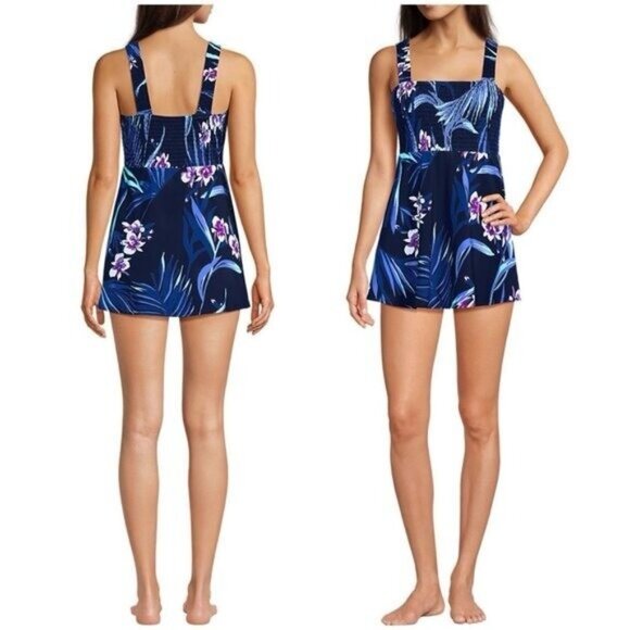 Lands' End Smocked  Swim Dress blue - Picture 4 of 7